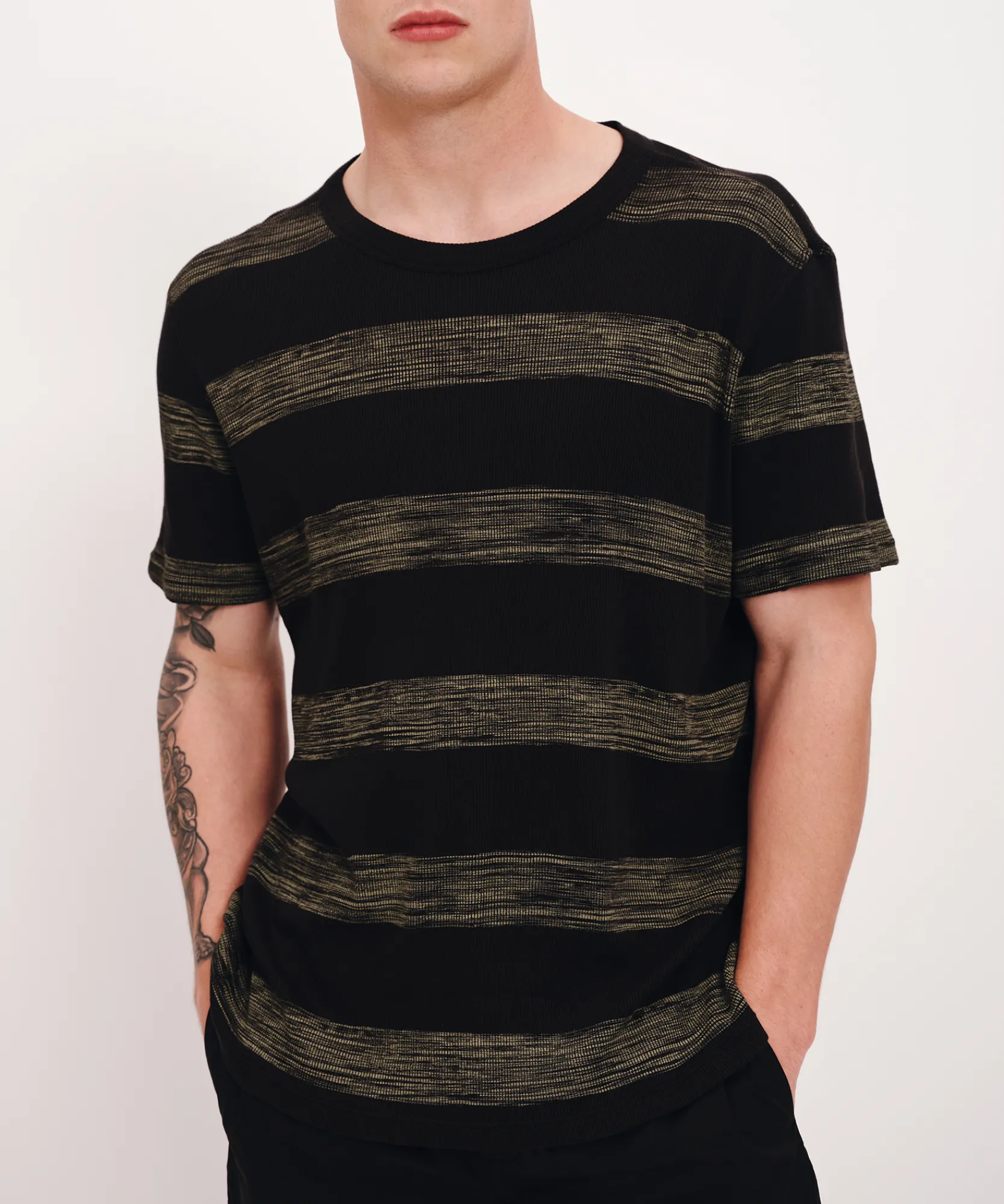 2X1 Rib With Sunbleached Stripe Short Sleeve Crew Neck Tee -|ATM Anthony Thomas Melillo Online