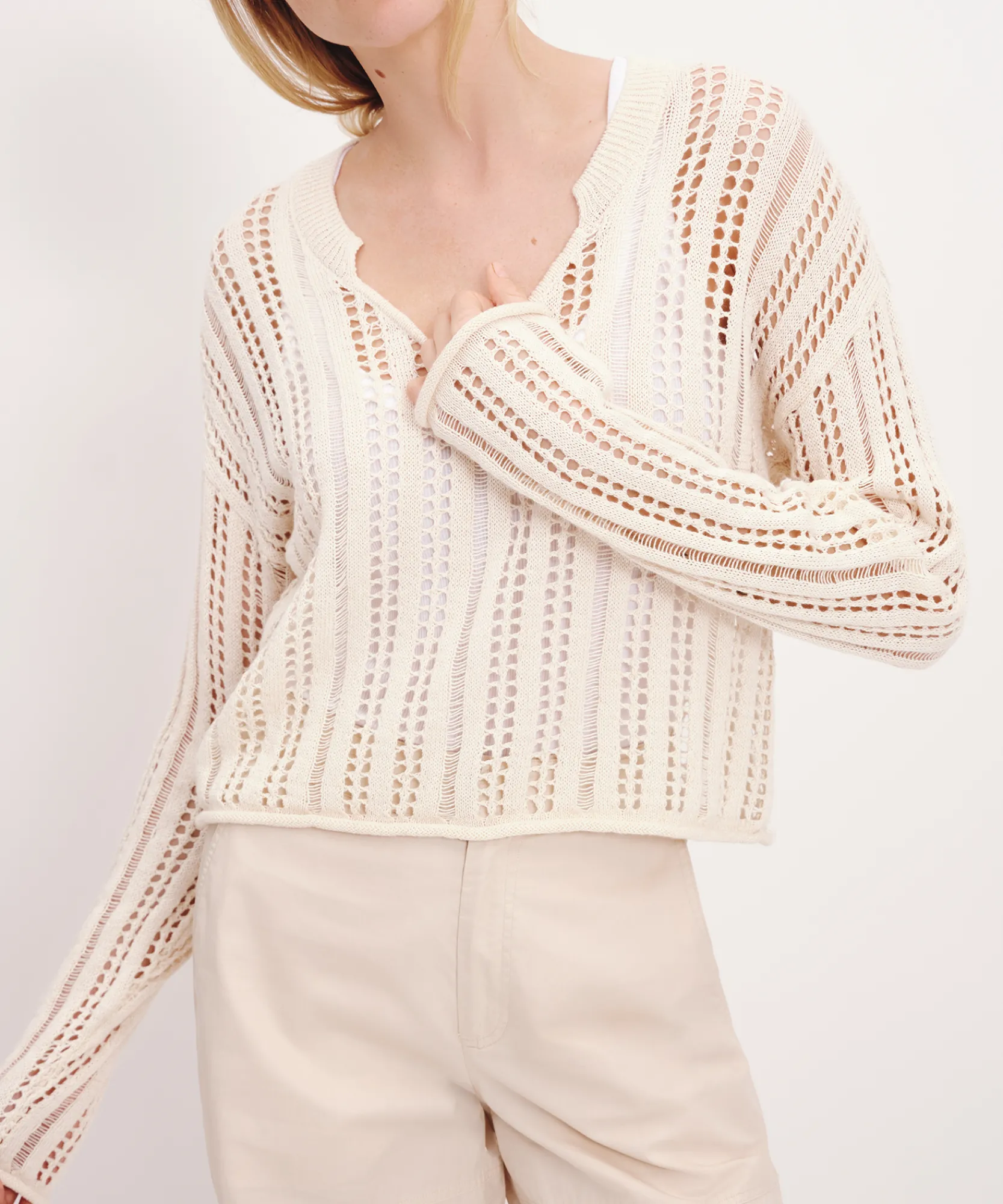 Cotton Linen Blend Open Knit V-Neck Sweater -|ATM Anthony Thomas Melillo New