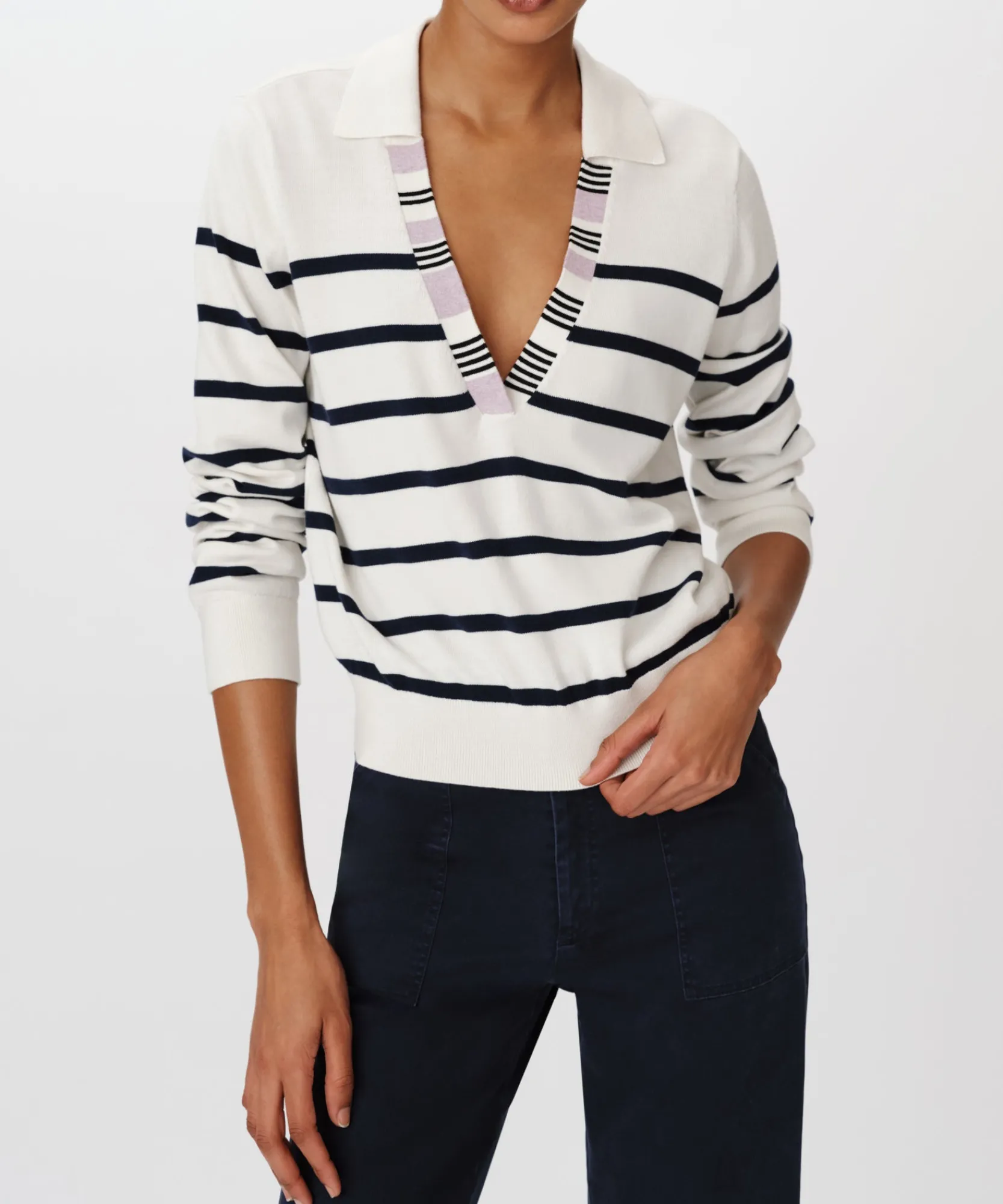 Cotton Silk Blend Striped Split Collar Sweater -|ATM Anthony Thomas Melillo Outlet