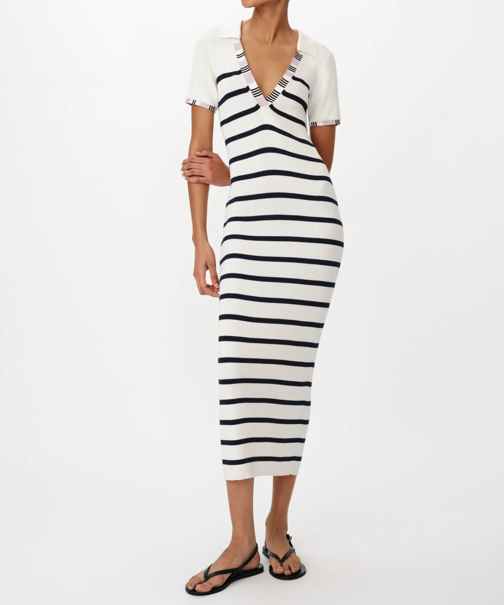 Cotton Silk Blend Striped Sleeveless Split Collar Dress -|ATM Anthony Thomas Melillo Online