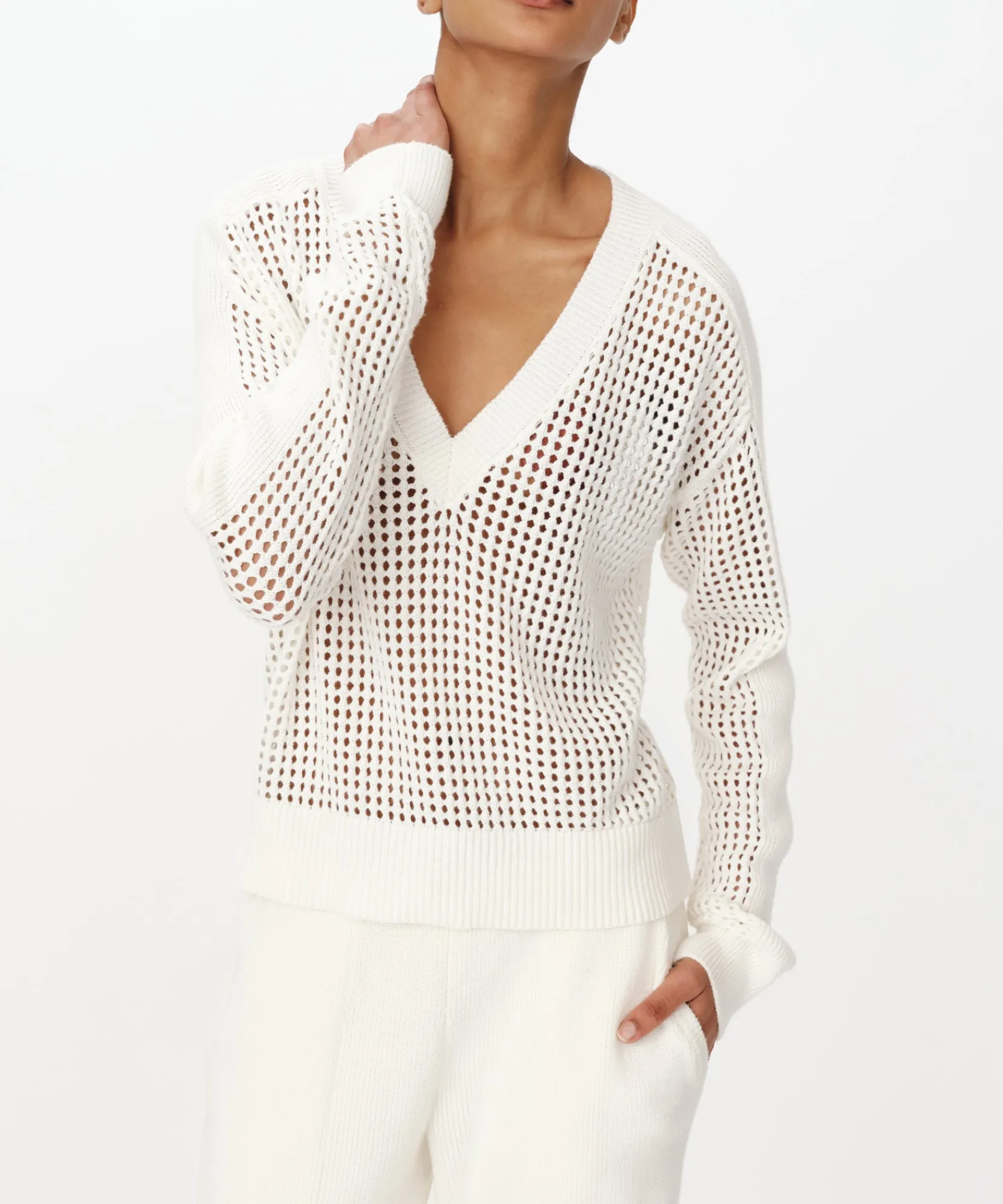 Cotton Cashmere Mesh Stitch V-Neck Sweater -|ATM Anthony Thomas Melillo Online