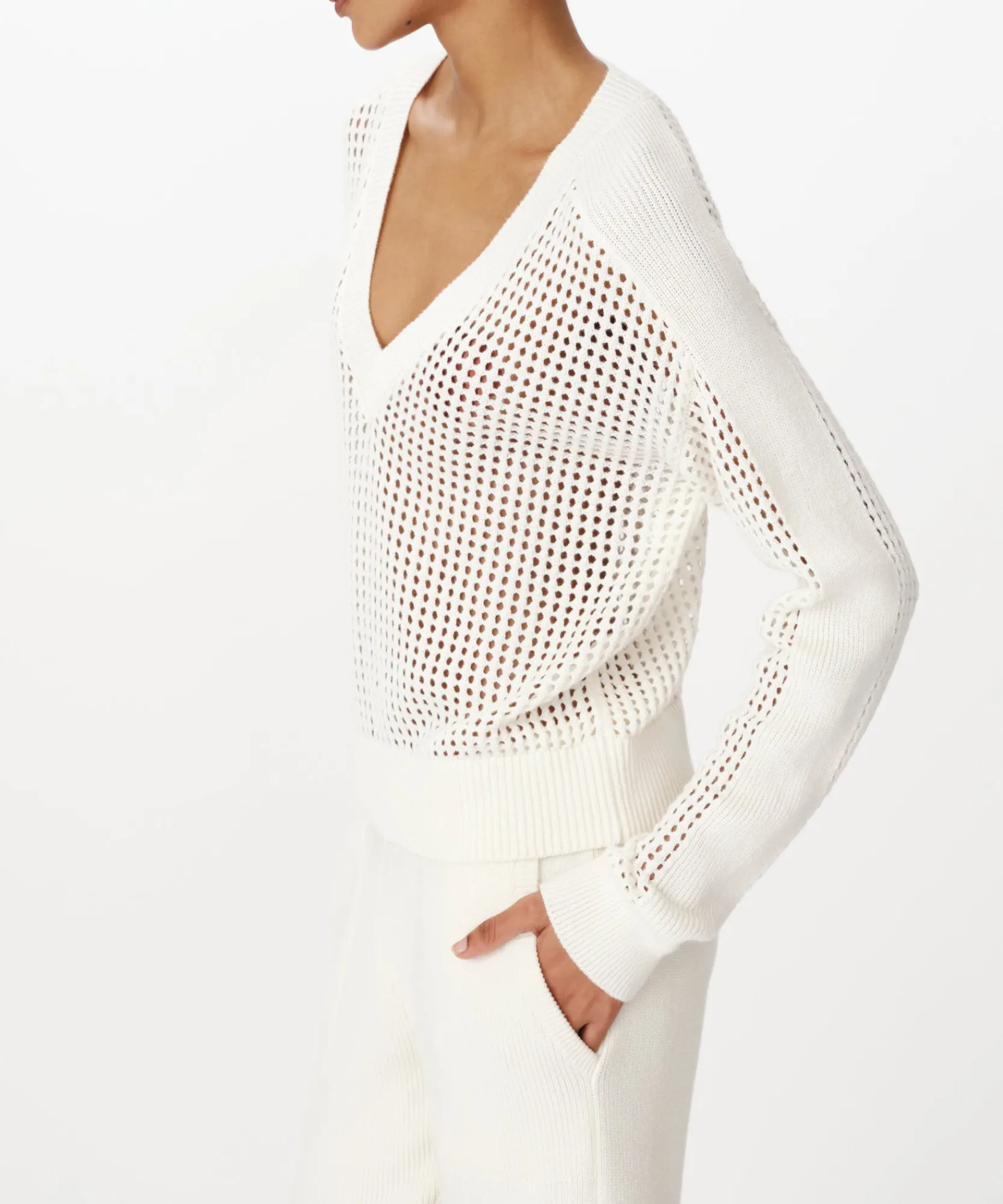 Cotton Cashmere Mesh Stitch V-Neck Sweater -|ATM Anthony Thomas Melillo Online