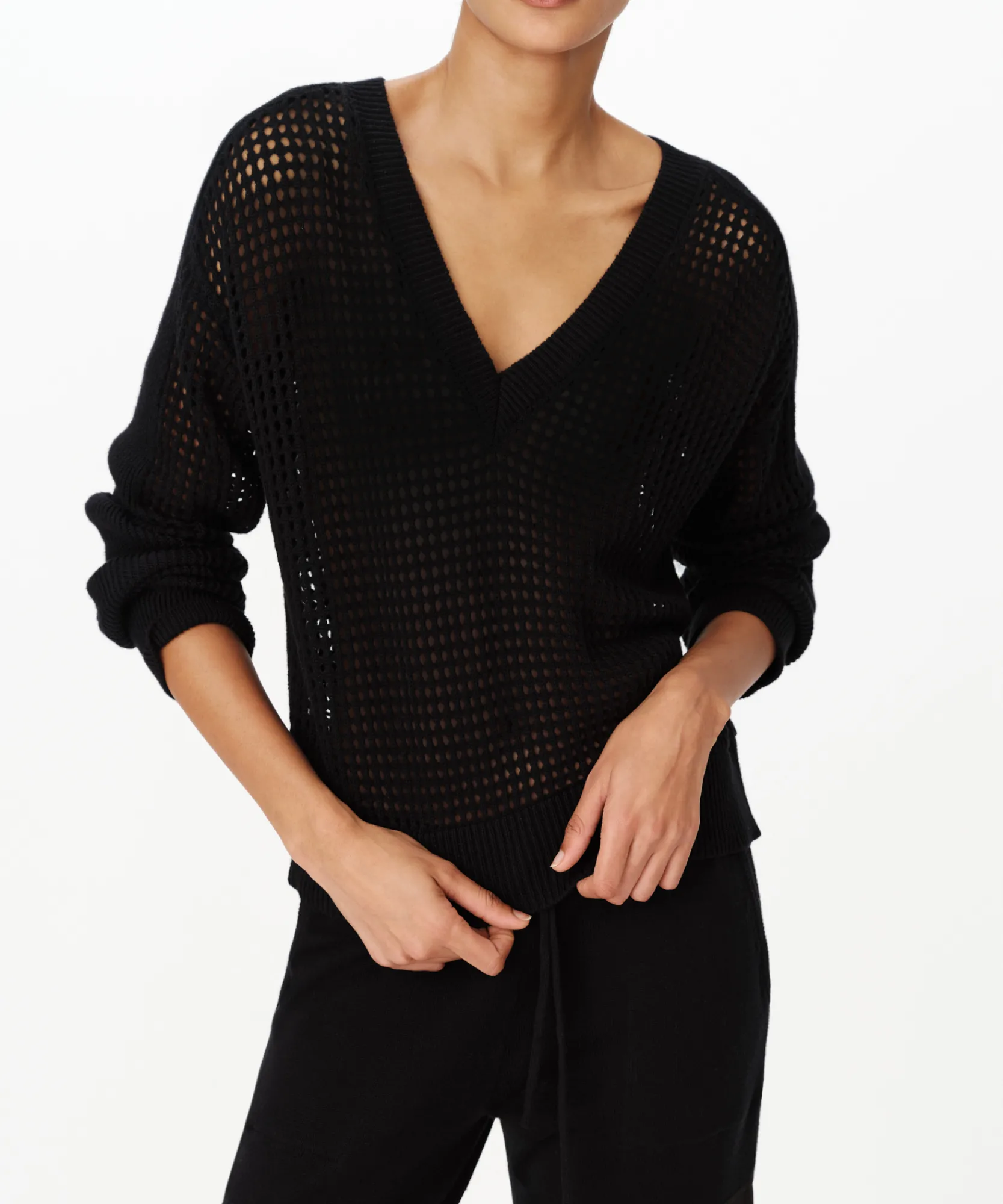 Cotton Cashmere Mesh Stitch V-Neck Sweater -|ATM Anthony Thomas Melillo Clearance
