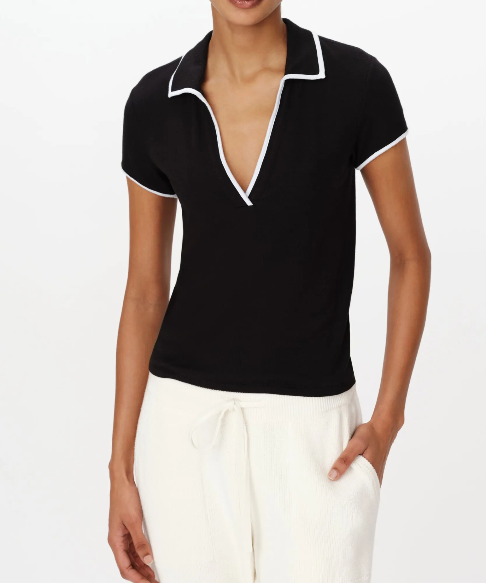 Modal Rib Short Sleeve Split Neck Top -|ATM Anthony Thomas Melillo Clearance